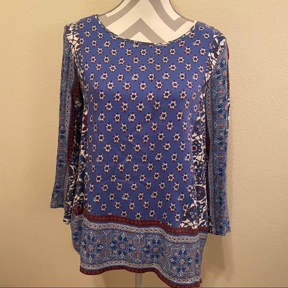 Lucky Brand Blue Boho Pattern Split Back Long Sle… - image 1